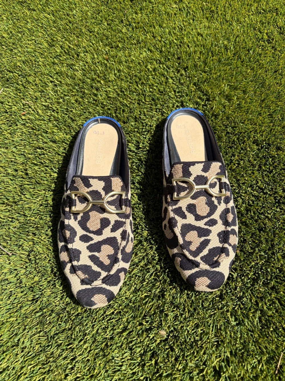 Rothy’s Leopard Print Slip-On Mule Flats with Gold Accent